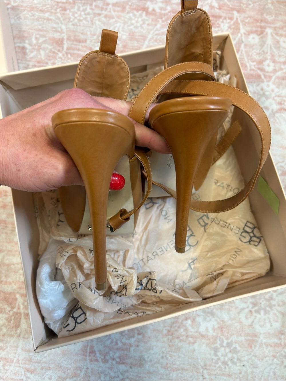 EUC BCBGeneration Caramel Tan Leather Peep-Toe Platform Ankle-Strap Stiletto - Picture 3 of 7